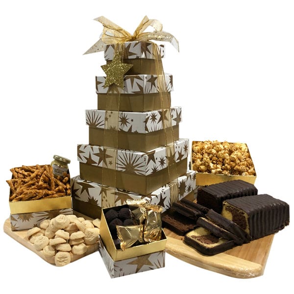 Oh Quiet Night Gift Tower-filled with cakes, chocolate truffles, popcorn, sugar cookies, pretzels and mustard