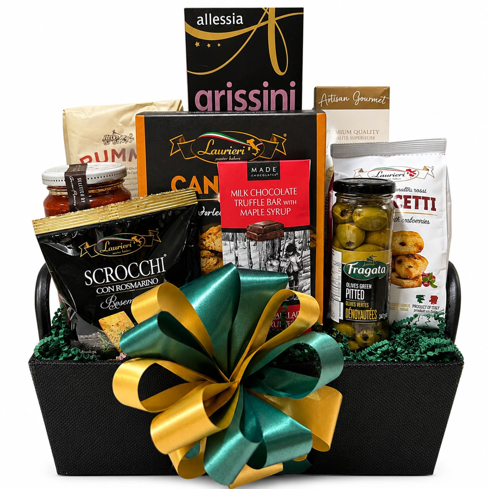 Pasta Perfection with Sesame breadsticks, olives, penne regate, Sugo All'Arrabbiata pasta sauce, golden blend coffee, Italian cookies with cranberries, rosemary crackers, almond biscotti and a milk chocolate truffle bar