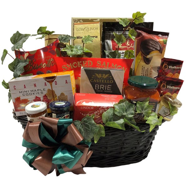 Perfection Gift Basket-the perfect gift basket filled with gourmet and gourmet snack fare in a beautiful weaved basket