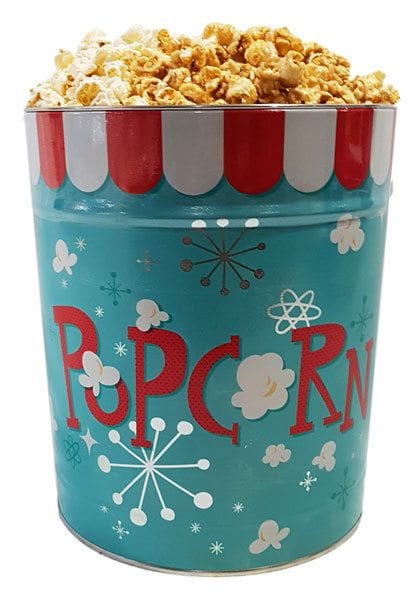 Popcorn themed Popcorn Tin-Filled with your 3 flavor choices. Approx. 20 cups each flavor, 60 cups total