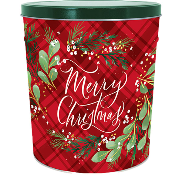 Christmas Plaid Popcorn Tin filled with caramel, movie theater and white cheddar popcorn. Approx. 60 cups.