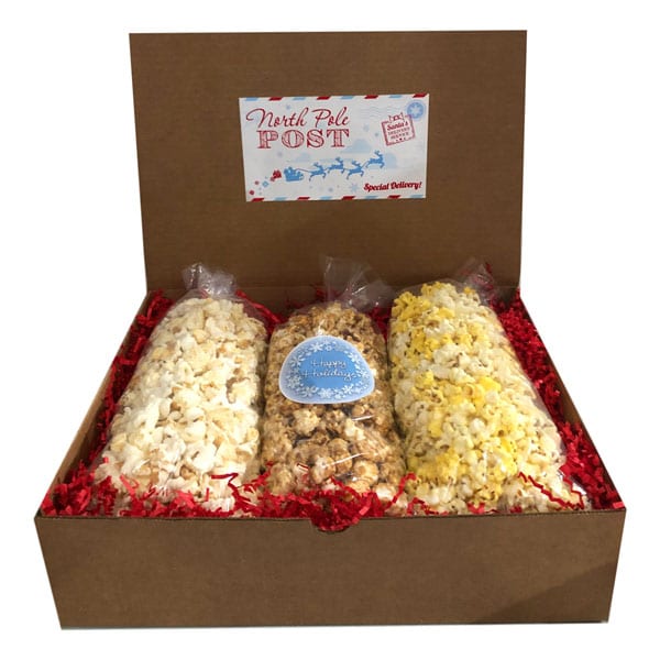 Christmas Popcorn Trio with 10 cups each Caramel corn, Movie Theater and White Cheddar in a gift box