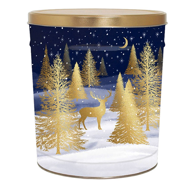 Guilded Forest Popcorn Tin filled with caramel, movie theater and white cheddar popcorn. Approx. 60 cups.