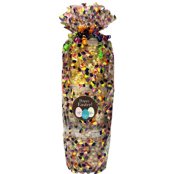 Easter Popcorn Tower-three tier tower. 10 cups per pail. Three pails per tower. Movie Theater, Caramel and White Cheddar. Wrapped in cellophane and topped with a bow.