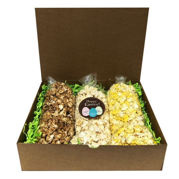 Easter Popcorn Trio-filled with your choice of flavors, 10 cups per bag. Arranged and shipped in a gift box.