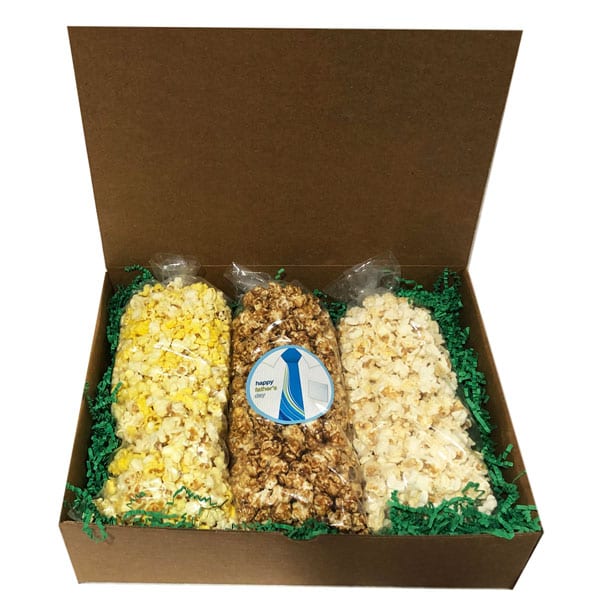 Father's Day Popcorn Trio-filled with your choice of flavors, 10 cups per bag. Arranged and shipped in a gift box.