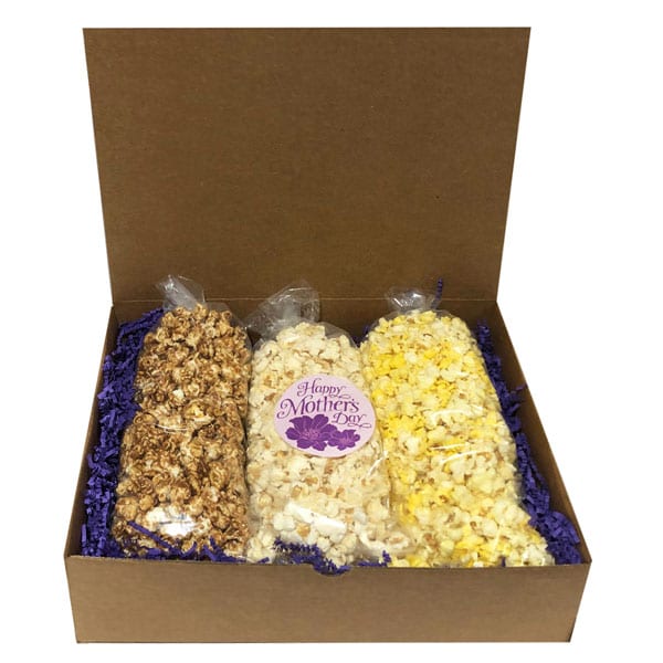 Mother's Day Popcorn Trio-filled with your choice of flavors, 10 cups per bag. Arranged and shipped in a gift box.