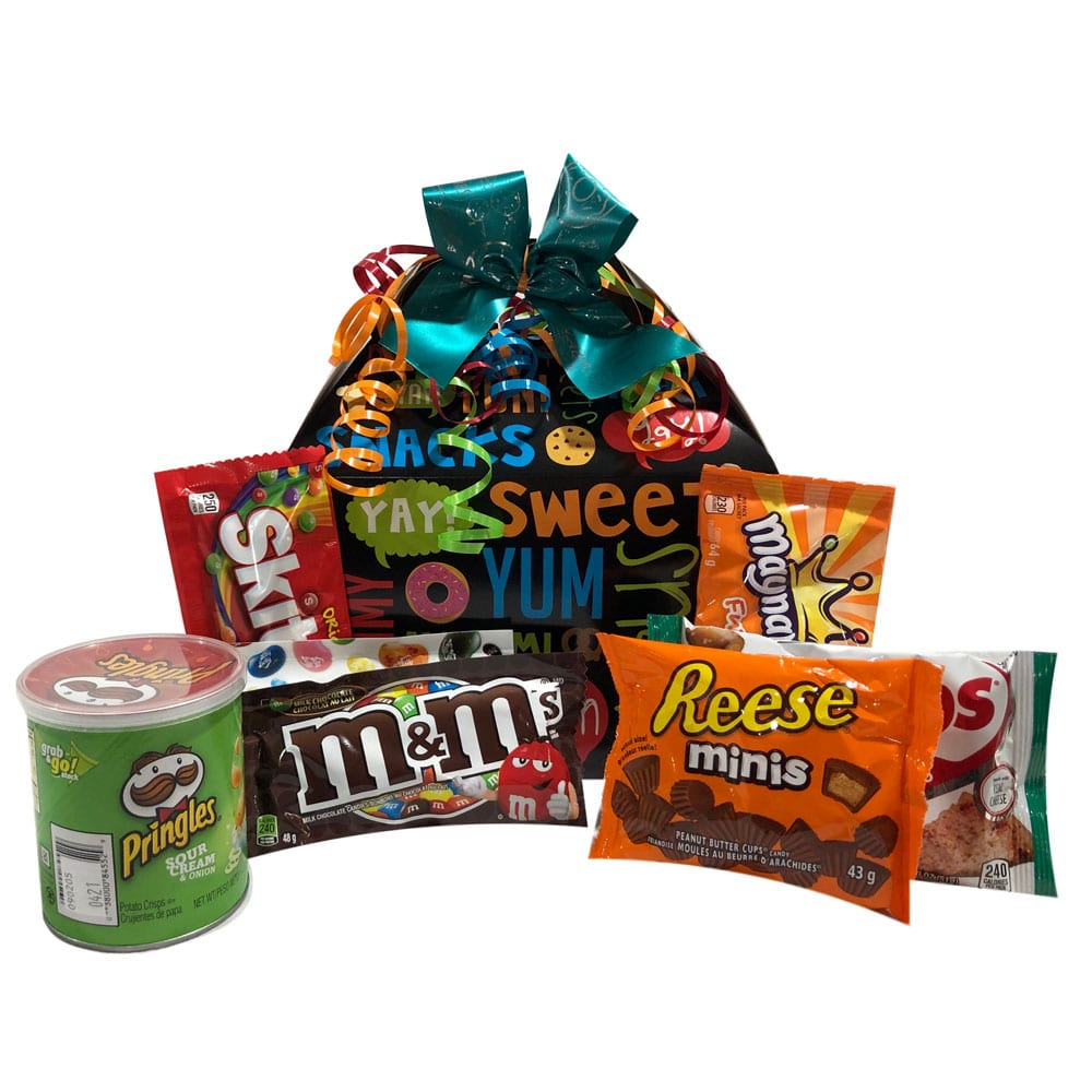 Snack Attack Gift Pak-filled with M&M's, Reese's Peanut Butter Cups, Comobs, Pringles, Skittles and More.