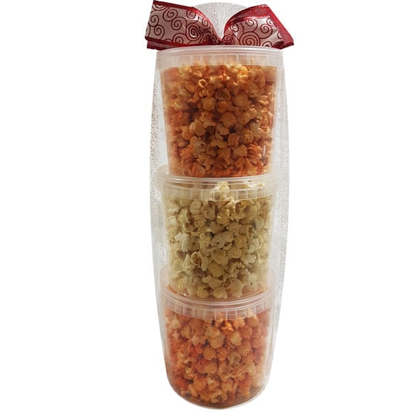 Christmas Spicy Popcorn Tower-Flavors: pizza, hot jalapeno and pepper pop popcorn. 10 cups per pail, 3 pails per tower