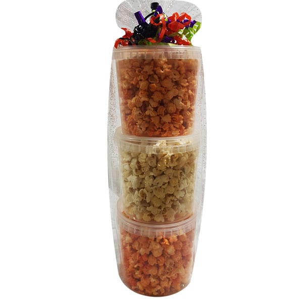 Spicy Popcorn Tower-Flavors: pizza, hot jalapeno and pepper pop popcorn. 10 cups per pail, 3 pails per tower