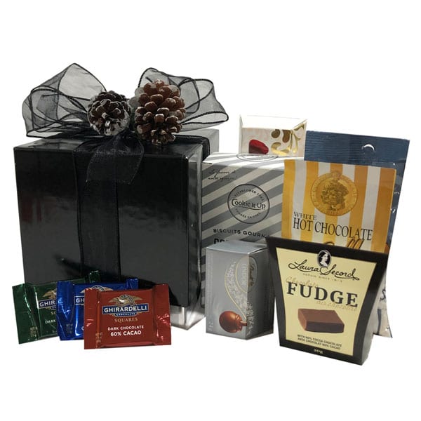 Touch Of Elegance Gift Box filled with chocolates, shortbread, fudge, hot chocolate and nuts
