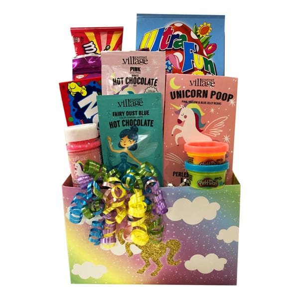 Unicorn Magic Gift Basket-filled with Unicorn Poop (fruity jelly beans), Unicorn Sparkles, pink and blue hot chocolates and more!