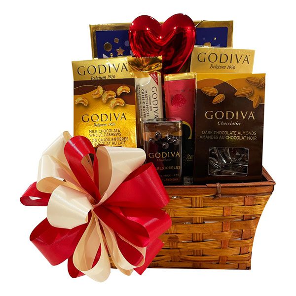 Valentine Godiva Goodness Gift Basket filled to the brim with premium Godiva Chocolate Items
