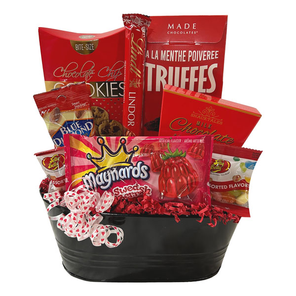 Valentine Sweet Treats Gift with Lindt, chocolate caramels, chocolate peppermint truffles, candies, nuts and more.