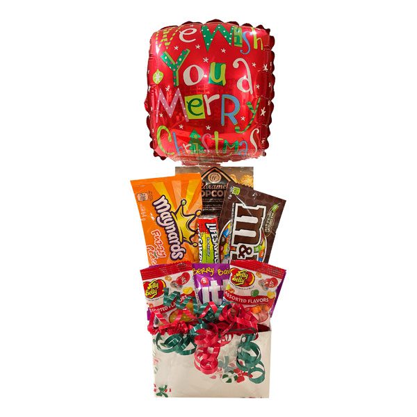 We Wish You a Merry Christmas Candy Gift Basket with Christmas themed balloon