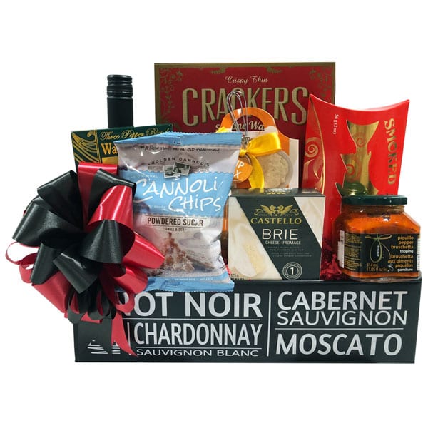 Wine and Cheese Gift Basket-filled with wine, smoked salmon, crackers, bruschetta, brie cheese, crackers, cannoli chips and cheese dip
