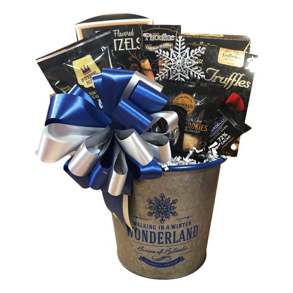 Winter Wonderland gift basket filled with cookies, pretzels, chocolates, shortbread, sweet and savory snack mix