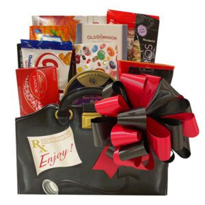 Get Well Gift Baskets filled with fun foods and novelty items like a syringe pen