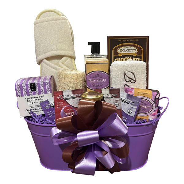 Fresh Lavender Violet Spa Gift Basket with shower gel, milled soap, hand lotion, lavender shortbread, tea, wafers, loofa, terry slippers and bath sponge