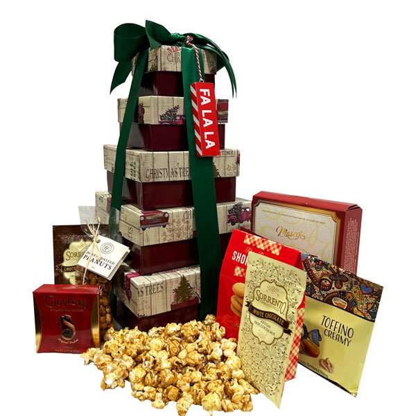 Christmas Time Tower with peanut brittle, shortbread, caramel popcorn, chocolates, hot chocolate and more.