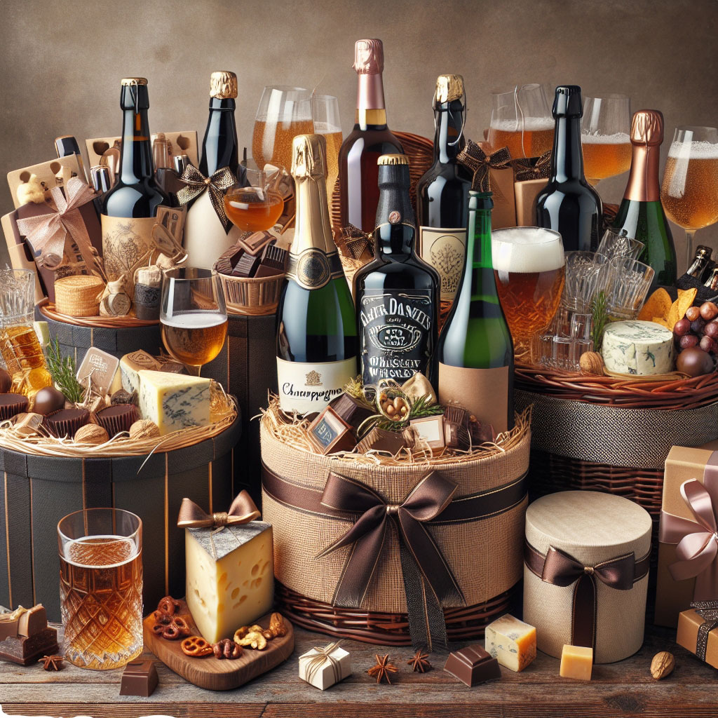 A variety of fun alcohol gift baskets