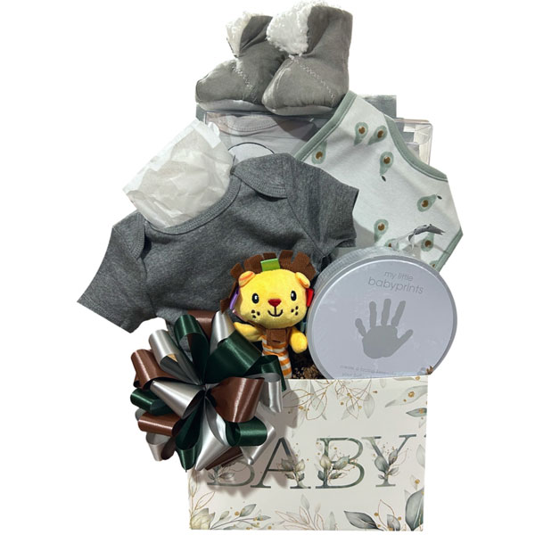 Softly Baby Gift Box-onsie, hat, mitts, baby booties, pajamas, bib, hand print kit, rattle, all in neutral tones