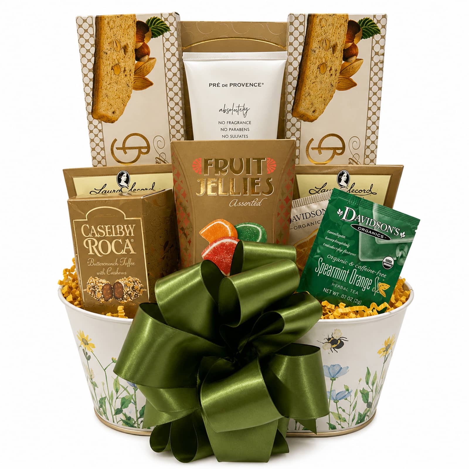 Fragrance Free Gift Basket with fragrance free body wash or body lotion, Pirouline wafers, almond biscotti, chocolate fudge, fruit jellies, cashew roc and herbal teas