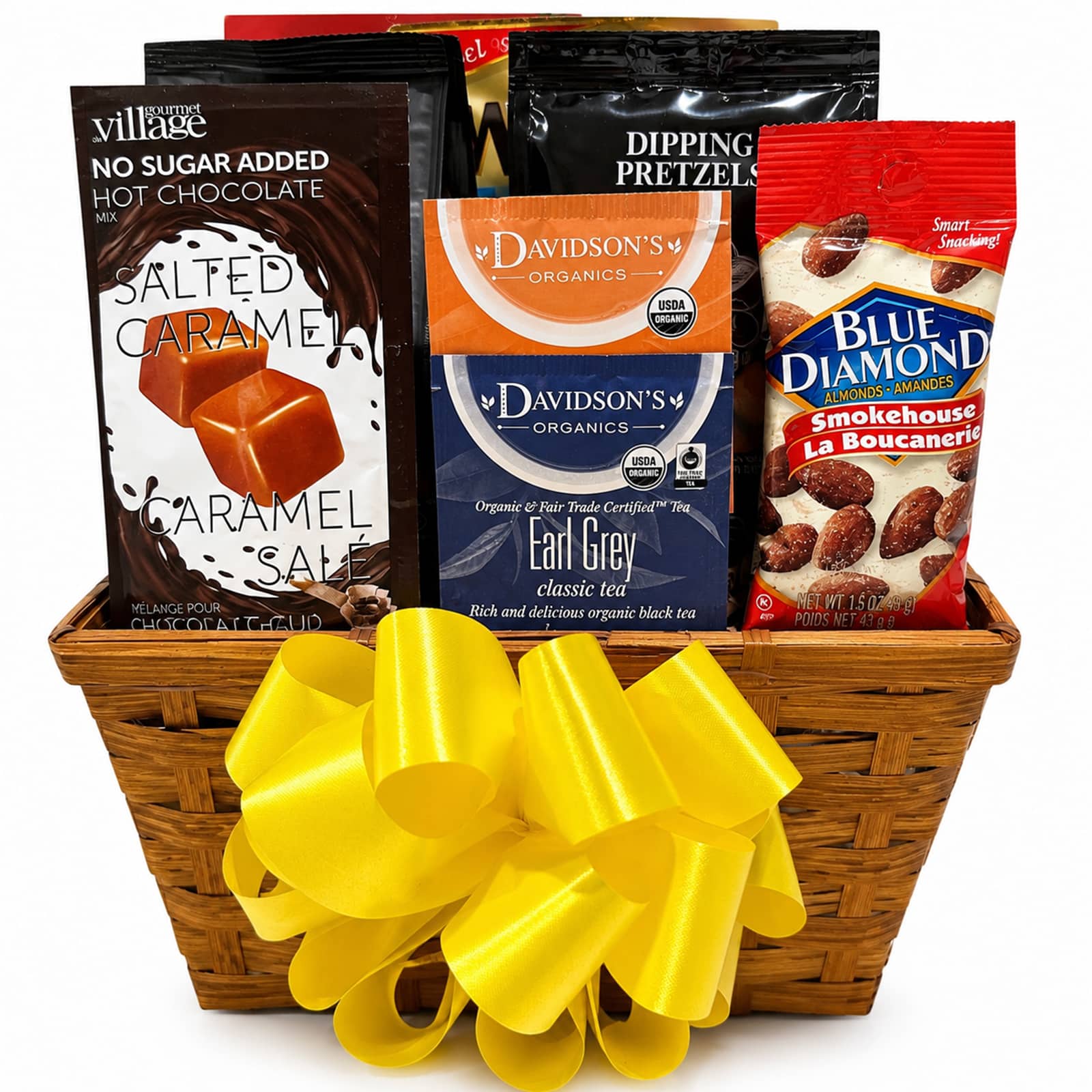 Diabetic Friendly Snack Basket with dried fruit, No sugar added hot chocolate, Werthers no sugar caramels, Blue Diamond almonds, Scrocchi olive crackers, dipping pretzels, herbal tea