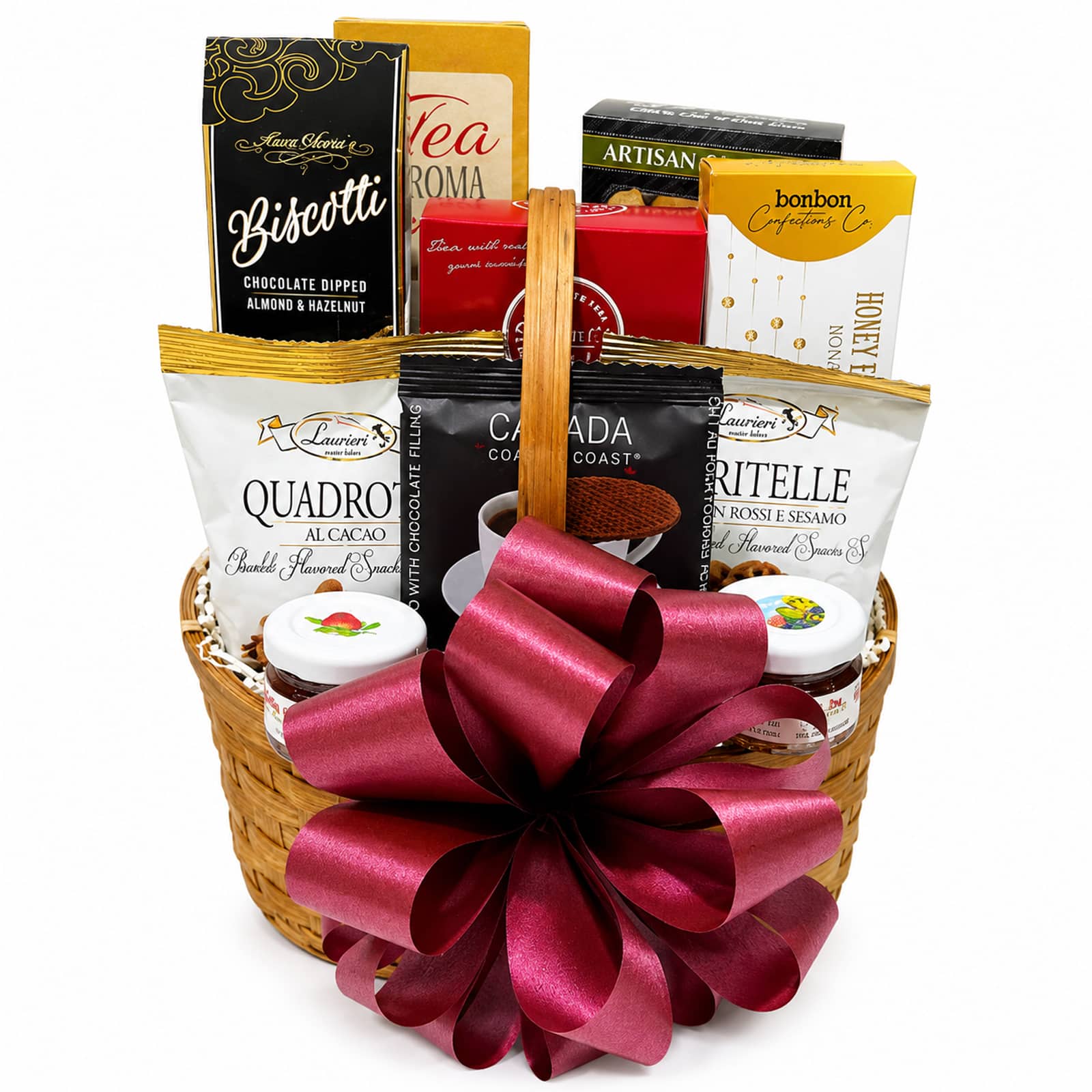 Tea and Biscuits Hamper with honey filled candies, biscotti, white chocolate cranberry shortbread, double chocolate waffle cookies, four fruit jam, a jar of honey, cranberry and sesame biscuits, Aroma Blended Variety Teas (20 bags, 5 flavors), chocolate biscuits and Partners crackers