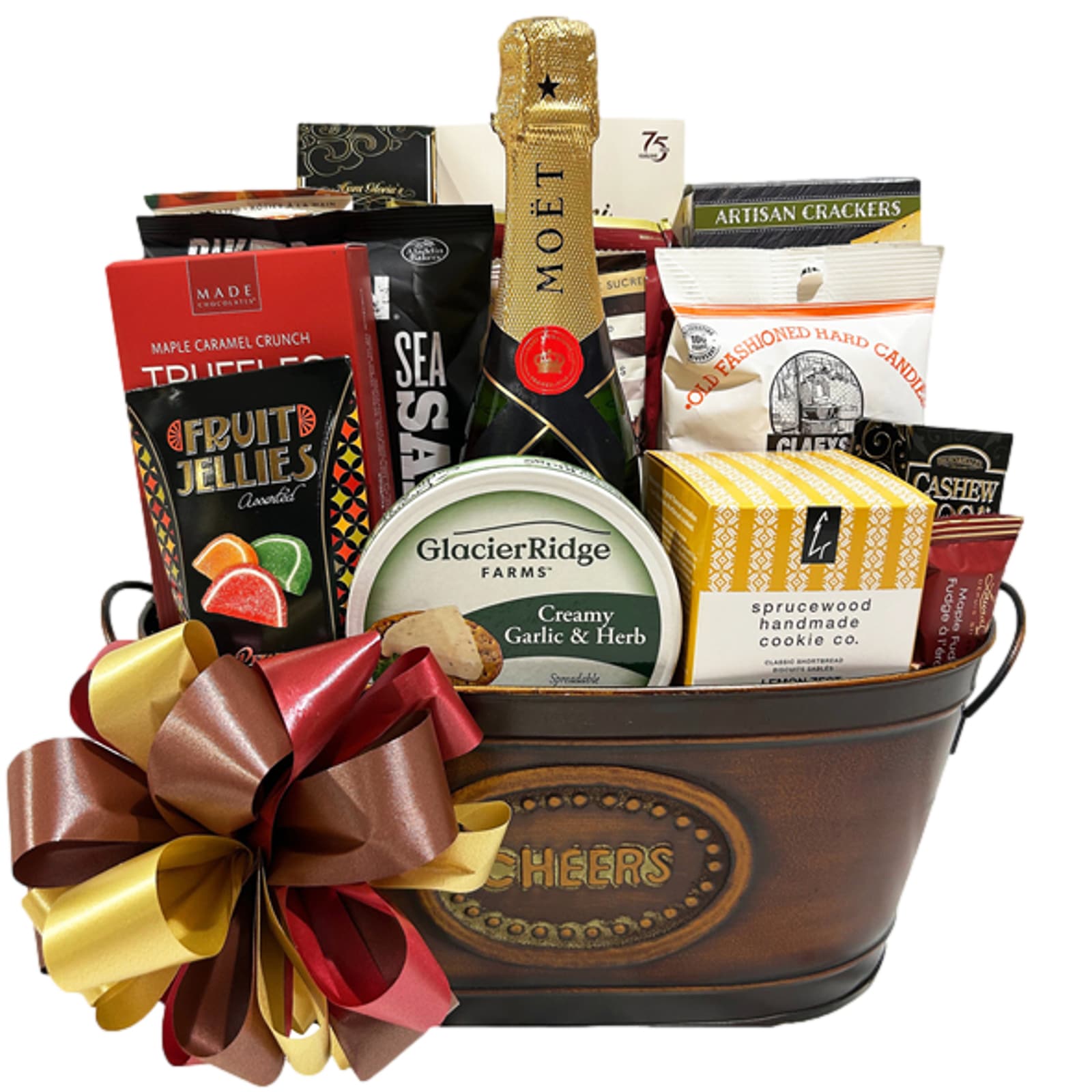 Champagne Cheers Gift Basket with a 375ml bottle of Moet and Chandon champagne, salted caramel cashews, lemon zest shortbread, Glacier Ridge creamy garlic herb cheese with Partner's appetizer crackers, Baked in Brooklyn pita chips, almond biscotti, Laura Secord fudge, cashew roca, Claey's old fashioned candy drops, a Donini sea salt milk chocolate bar, gourmet wine gums, Handfuel dark chocolate almonds, fruit jellies, cashew roca and Made dark chocolate truffles.