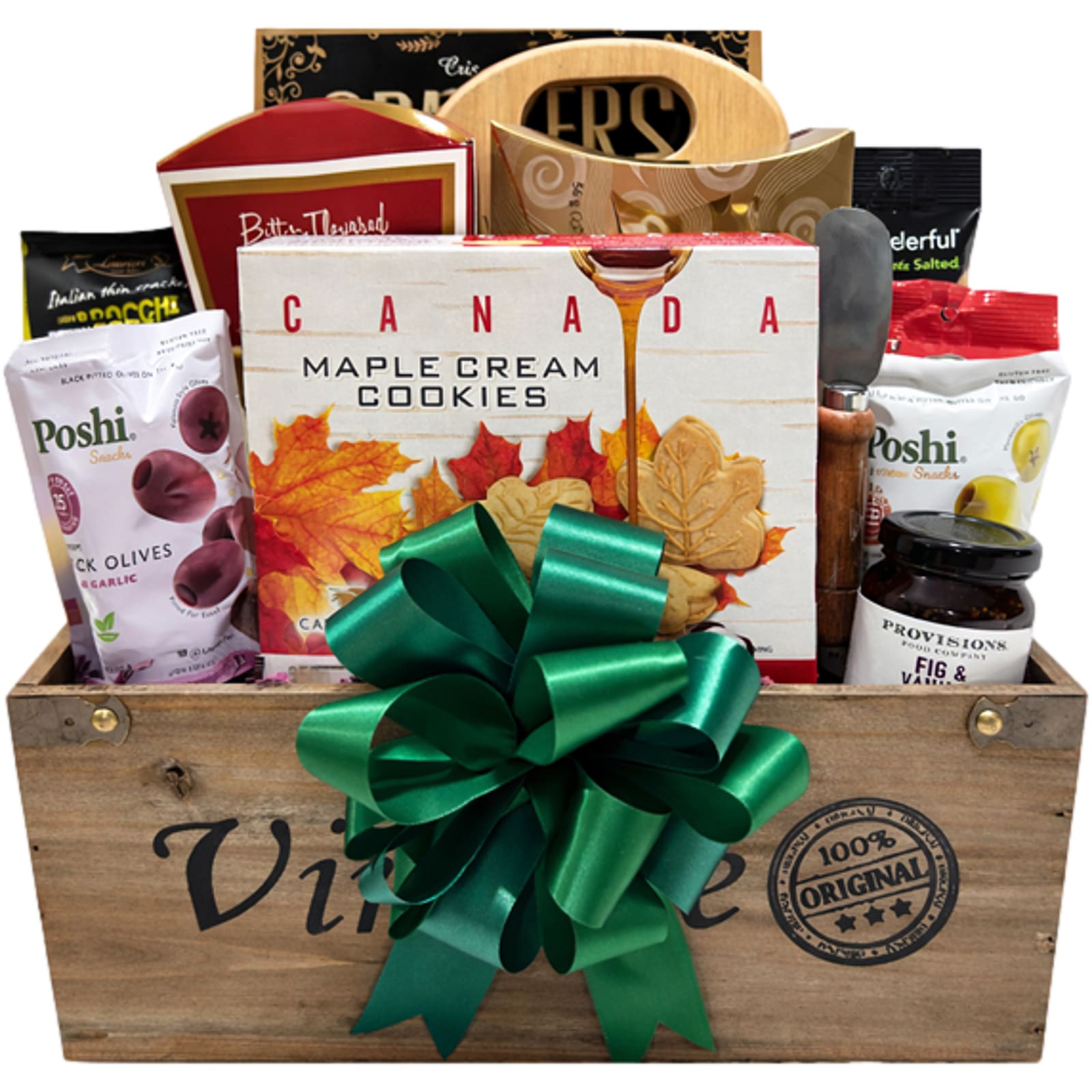 Bon Appetit Gift Basket filled with smoked salmon, brie cheese, fig and vanilla spread, assorted olives (2 pkgs), maple peanuts, Tuscan olive chips, butter pretzels, cutting board, a large box of appetizer crackers, cheese knife, Wonderful pistachios, maple cookies