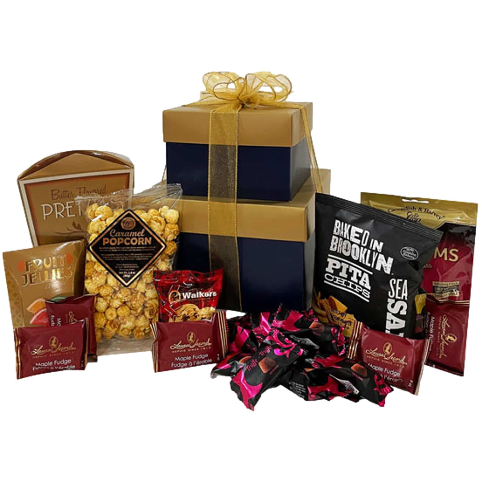 Tasty Tidbits-butter pretzels, gourmet wine gums, caramel popcorn, 12 cocoa dusted truffles, chocolate chip shortbread, Baked In Brooklyn pita chips, Laura Secord fudge and fruit jellies