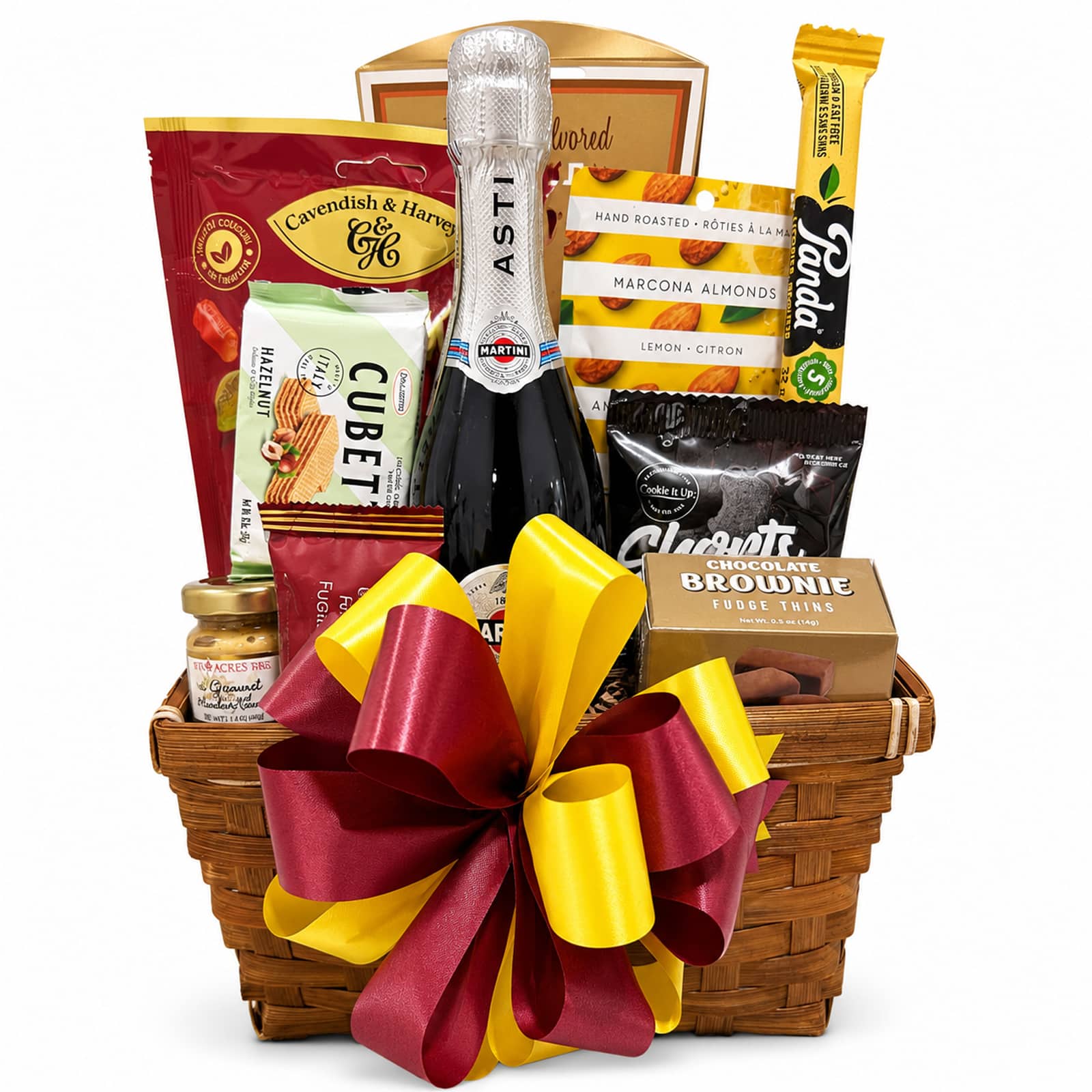 A Toast To You with Martini Asti sparkling wine, butter pretzels, dipping mustard, wine gums, Handfuel Marcona almonds, Laura Secord fudge, Panda gourmet black licorice, Cookie It Up shortbread, Cubetti wafers and brownie thins