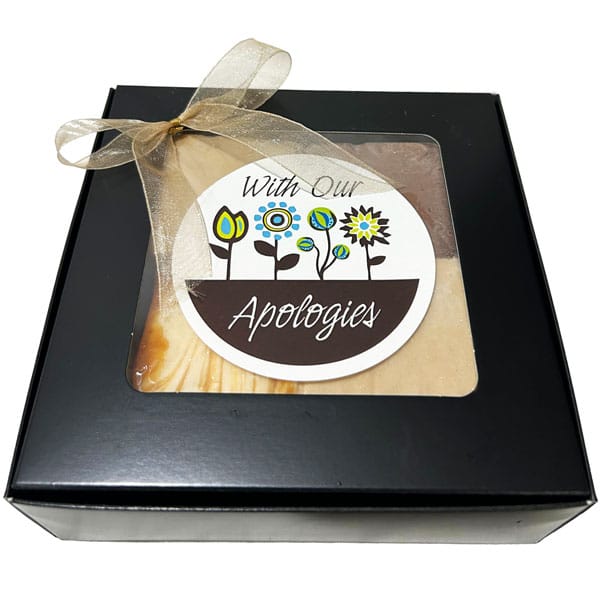 Apology Fudge Collection-with 4 1/4 lb pieces of fudge in a gift box with a With Our Apologies label