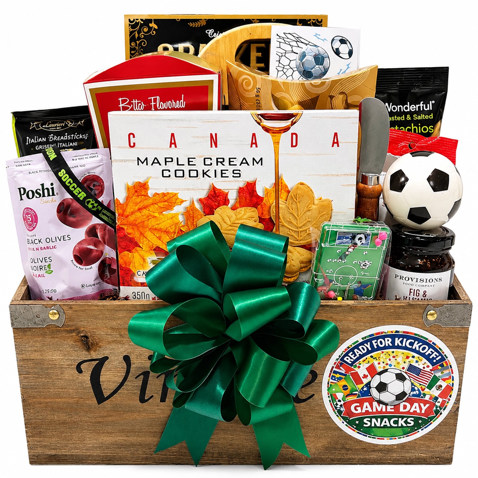 International Soccer Celebration Gift Basket filled with smoked salmon, brie cheese, fig and vanilla spread, assorted olives (2 pkgs), maple peanuts, Tuscan olive chips, butter pretzels, cutting board, a large box of appetizer crackers, cheese knife, Wonderful pistachios, maple cookies
