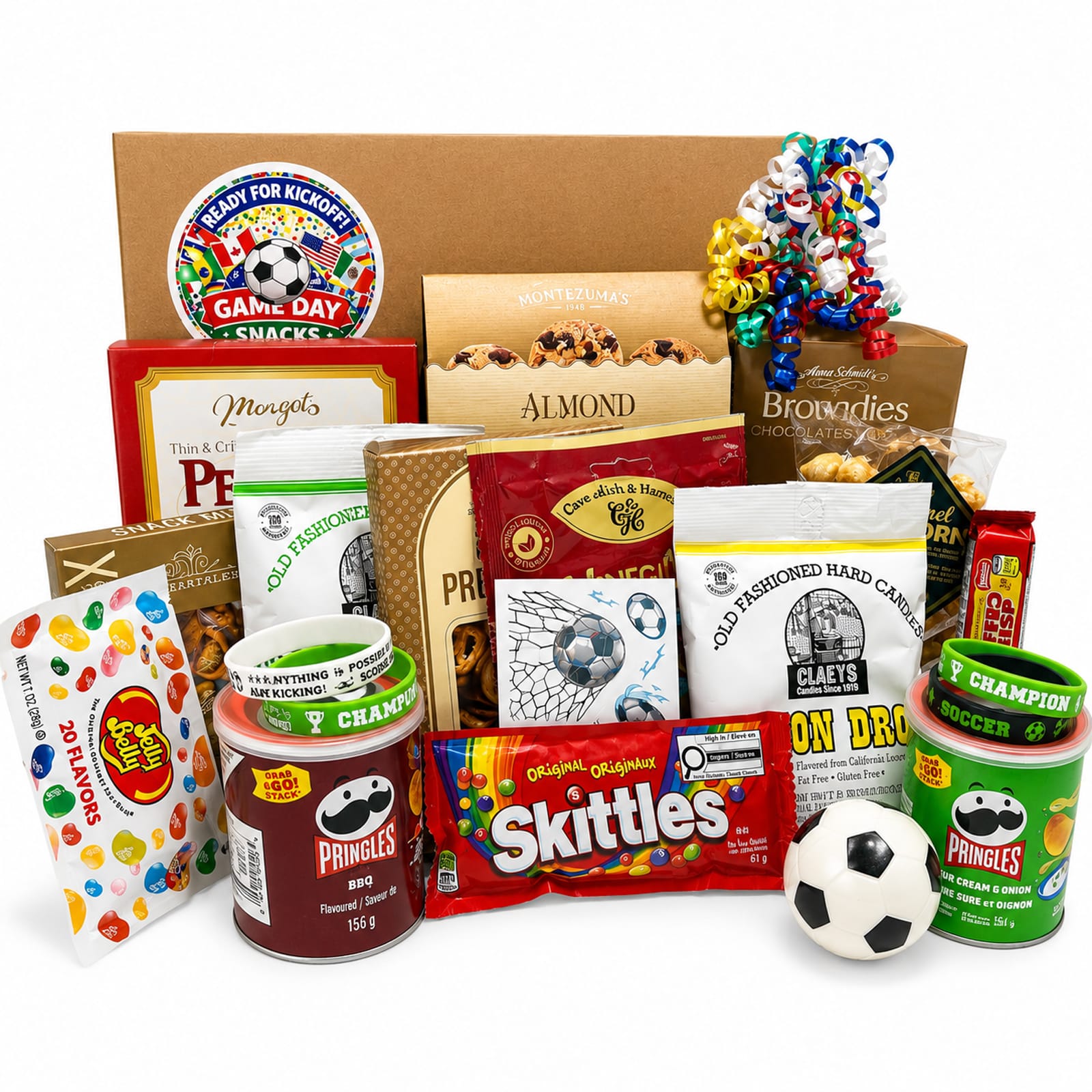 Kickoff Snack Box with peanut brittle, gourmet wine gums, 4 bracelets, a soccer stress ball, a sheet of soccer temporary tattoos, Skittles, almond roca cookies, caramel popcorn, Claeys old fashioned candies (2 bags for sharing), pretzels, snack mix with wasabi peas, 2 cans of pringles, Jelly Belly jelly beans, Starburst and Brondies brownie cookies.