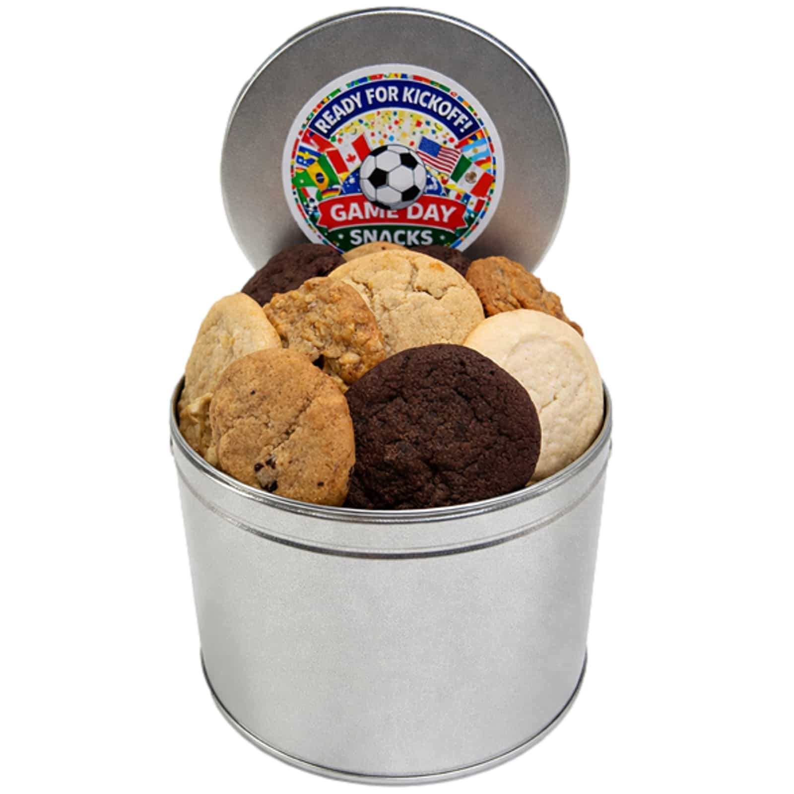 Soccer cookie tin Canada with fresh baked assorted cookies and themed label