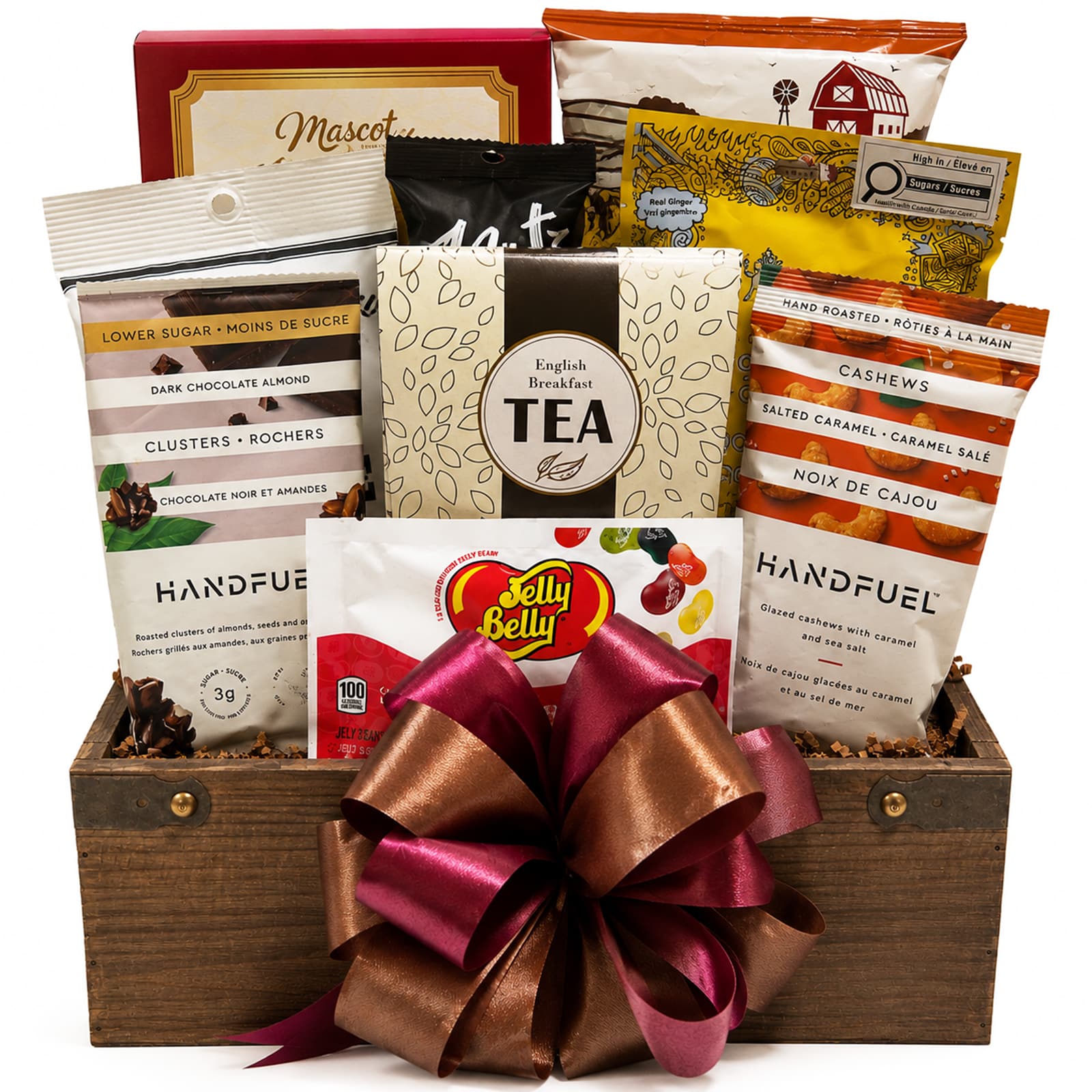 Gluten Free Gift Basket with Jelly Belly jelly beans, 2 Toblerone bars, peanut crunch, white cheddar cheese, coconut cashews, dark chocolate almonds, Nutz cashew almond duo, Claeys old fashioned candies, chocolate truffles, peanut crunch, Goplano creamy toffee, English breakfast tea and butter toffee peanuts