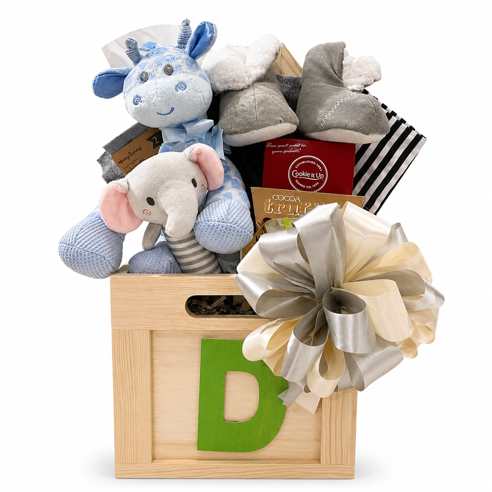 Baby Box Neutral- wooden ABC gift box (includes lid) is filled to bursting with gifts for Baby and Moms and/or Dads too! Inside you will find 2 pairs of socks, a plush animal, baby booties, a soft rattle, a onsie, receiving blanket and for the parents, chocolate truffles, herbal tea and a box of Cookie It Up shortbread